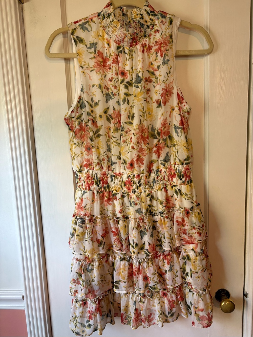 1. STATE Floral Tiered Sleeveless Dress in White, Coral & Yellow